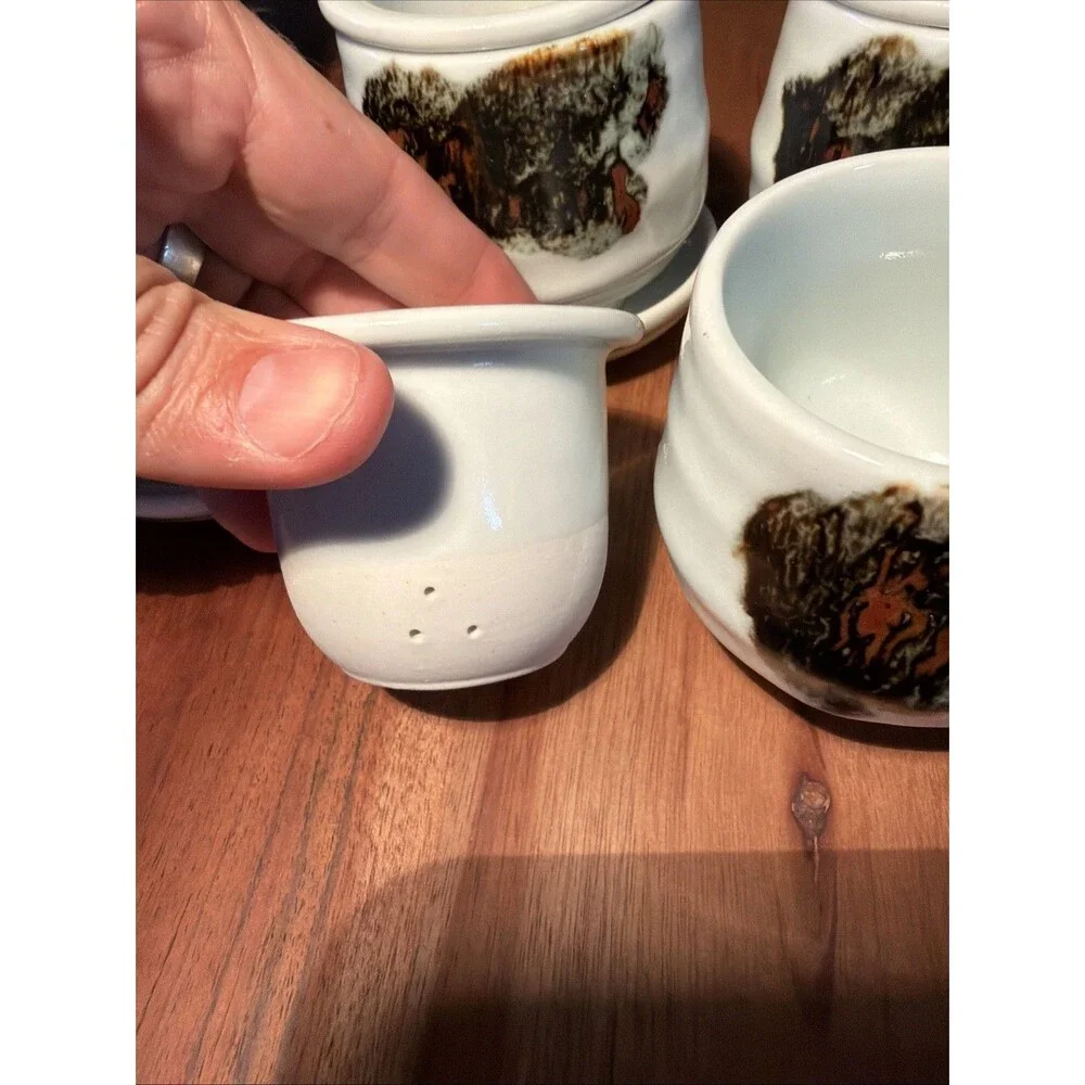 Vintage Japanese Ceramic Personal Tea Cup Set with Strainers (Set of 4)